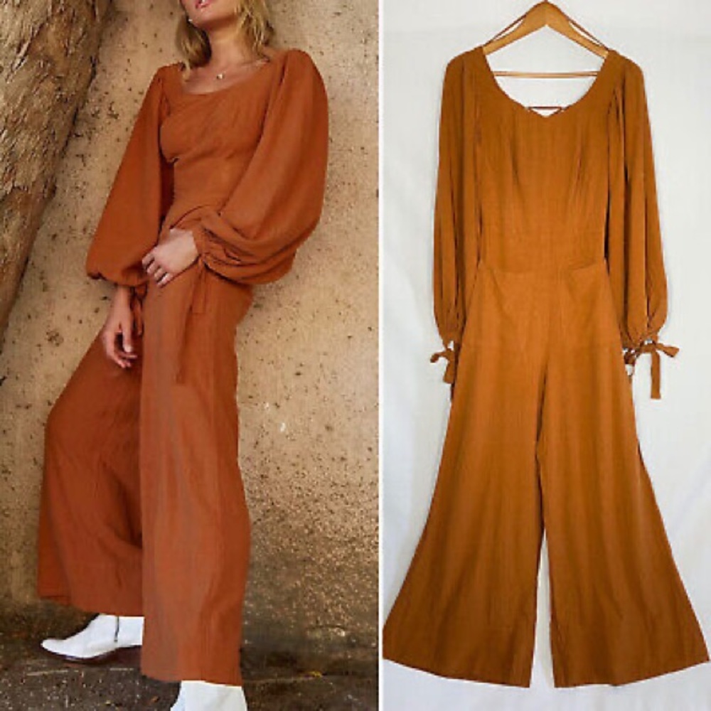 FREE PEOPLE CINNAMON JOSIE JUMPSUIT LINEN BLEND BACK CUT OUT